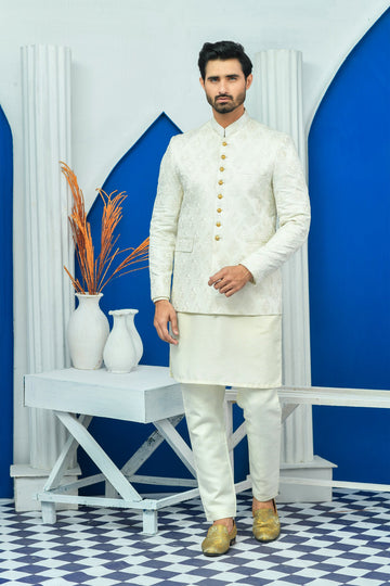White Jamawar Boti Embroidered Prince Coat For Men
